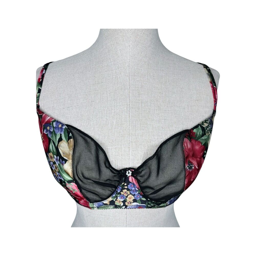Victoria's Secret Vintage Gold Label Bra sz 34D * Floral Satin Black Chiffon VS